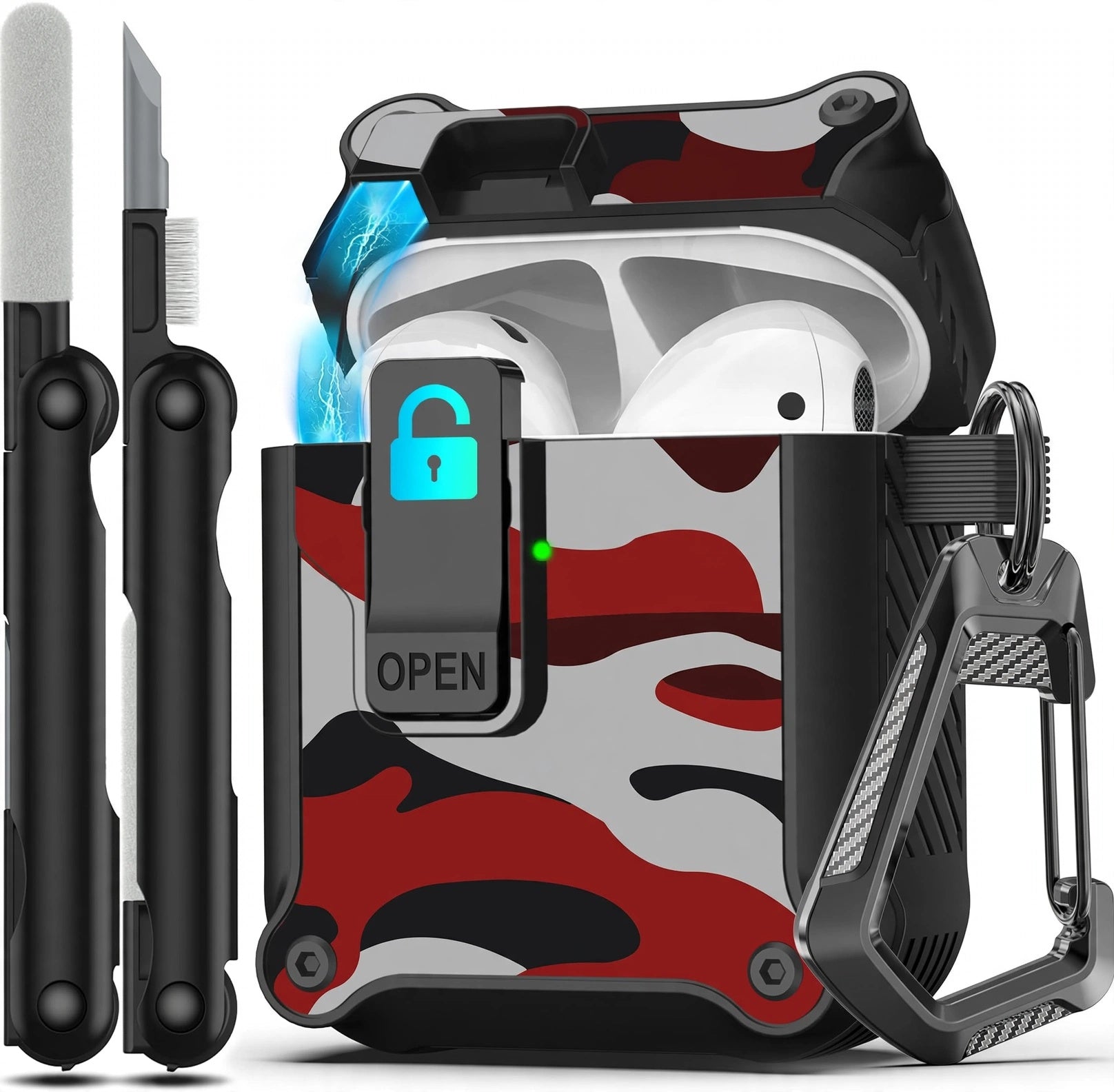 Rfunguango AirPods 1st / 2nd Gen Case - Rugged Carbon Fiber Shockproof Hard Case With Auto Pop-up Safety Lock, Carabiner Keychain & 3-in-1 Cleaning Kit