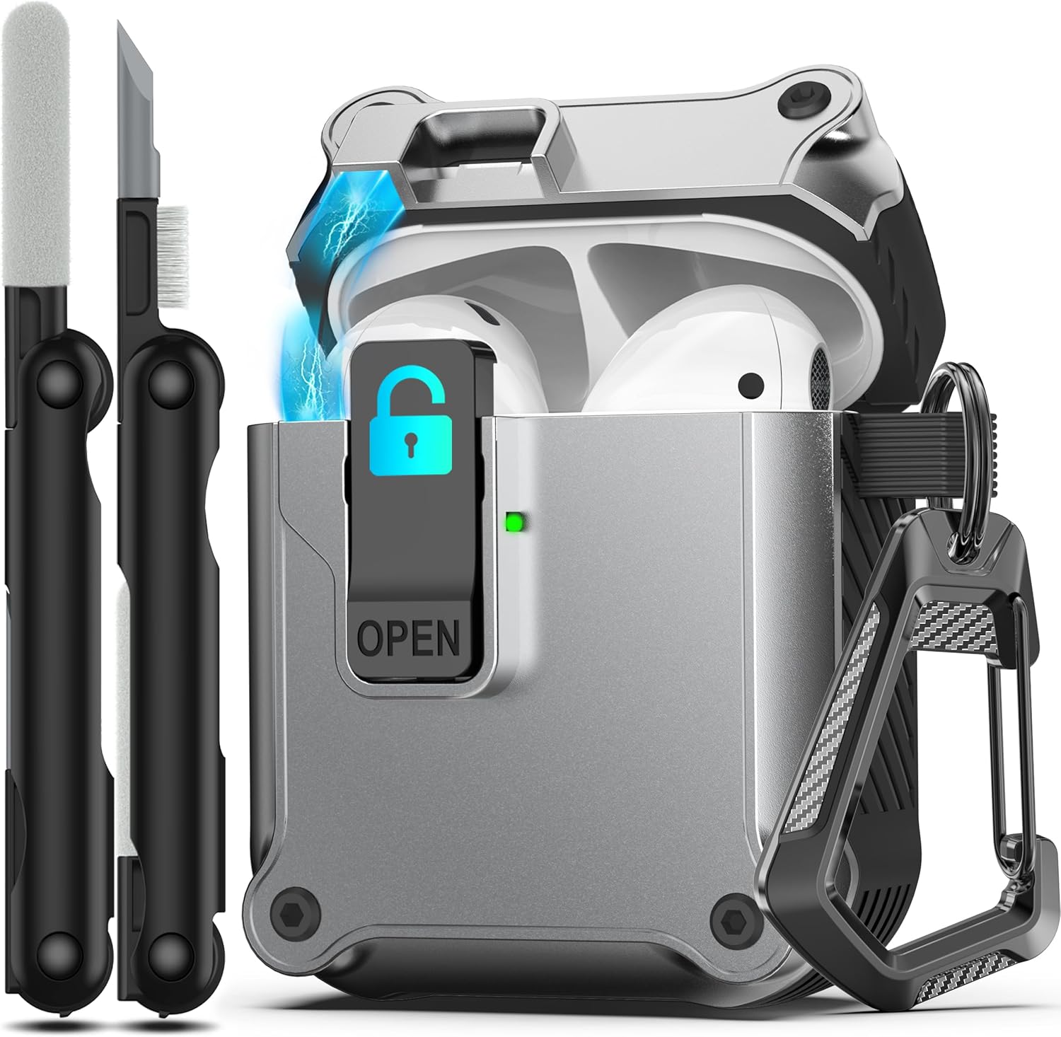 Rfunguango AirPods 1st / 2nd Gen Case - Rugged Carbon Fiber Shockproof Hard Case With Auto Pop-up Safety Lock, Carabiner Keychain & 3-in-1 Cleaning Kit