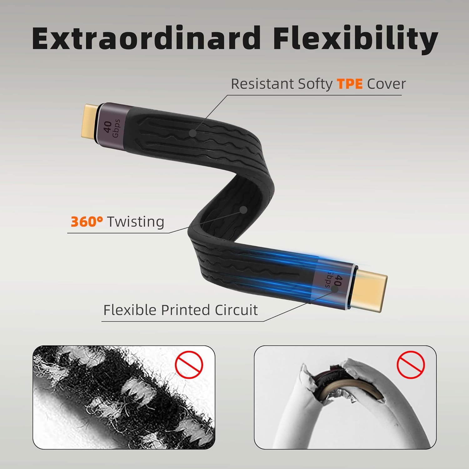Riieyoca 40Gbps USB-C to USB-C flat cable, short 13.8cm, 100W fast charging, 8K@60Hz video, flexible cord for laptops and power banks.