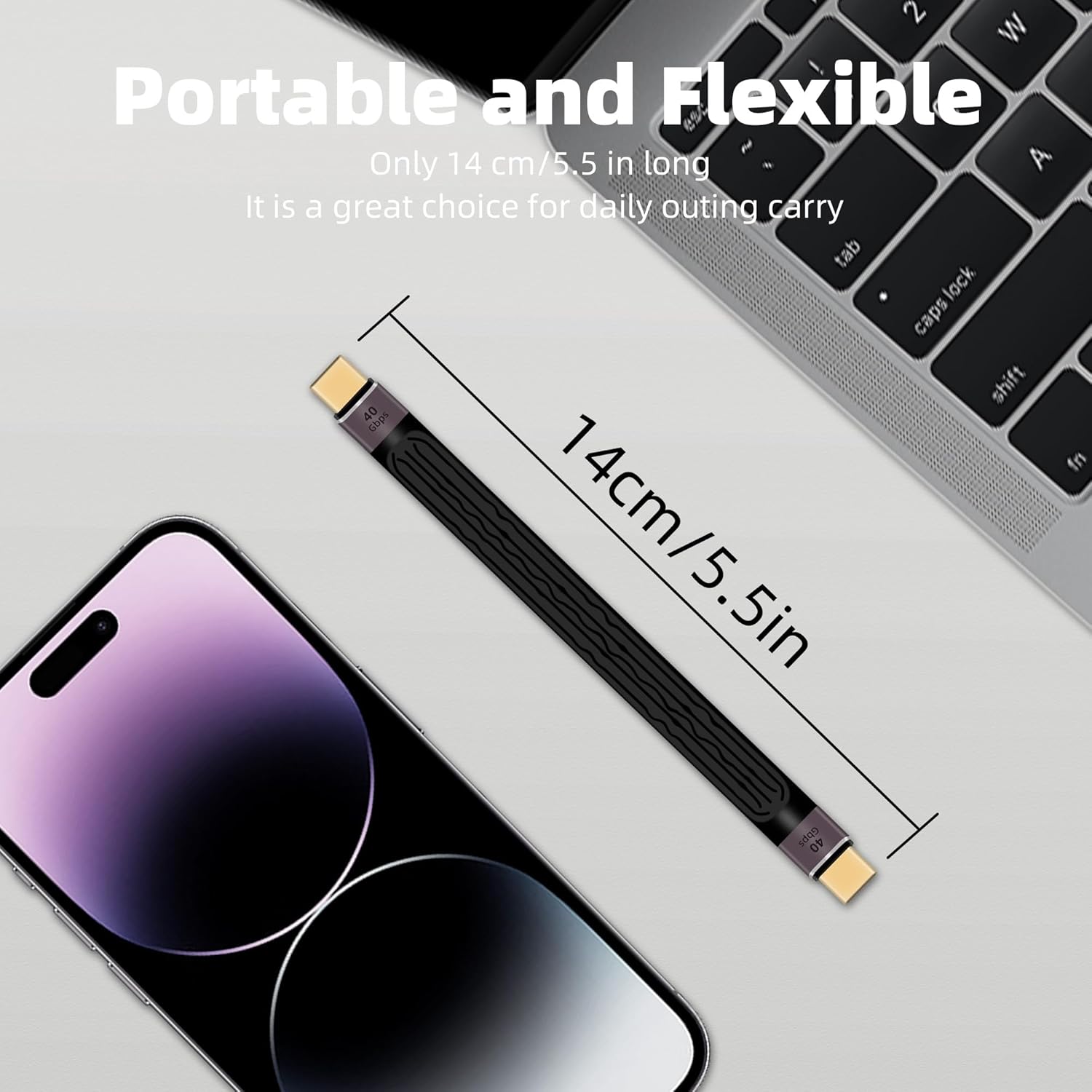 Riieyoca 40Gbps USB C to USB C cable, 13.8cm flat design, supports 100W fast charging, 8K video at 60Hz for power bank, SSD, or laptop