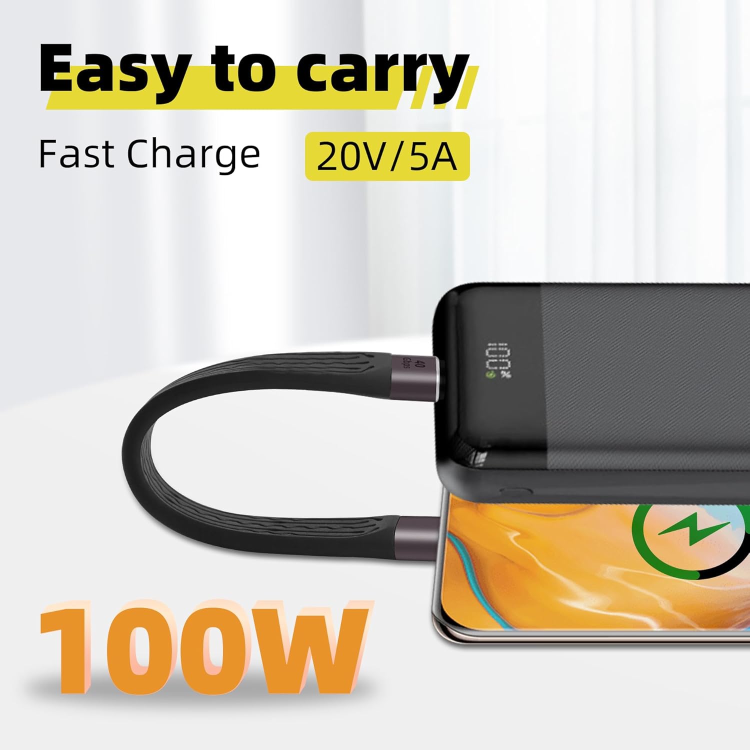 Riieyoca 40Gbps USB C to USB C cable, 13.8cm flat design for fast 100W charging, 8K video at 60Hz, flexible cord for devices.