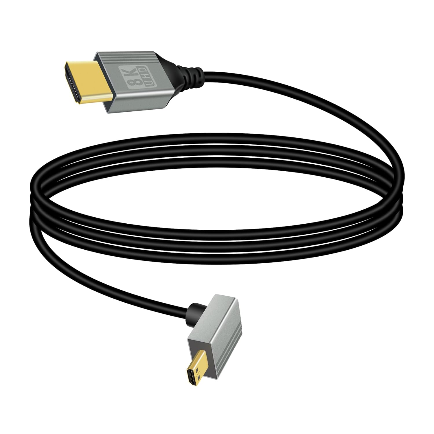 RIIEYOCA 8K Micro HDMI to HDMI cable with 90° down angle, gold-plated connectors, aluminum body, supports 48Gbps, 8K@60Hz, 4K@120Hz