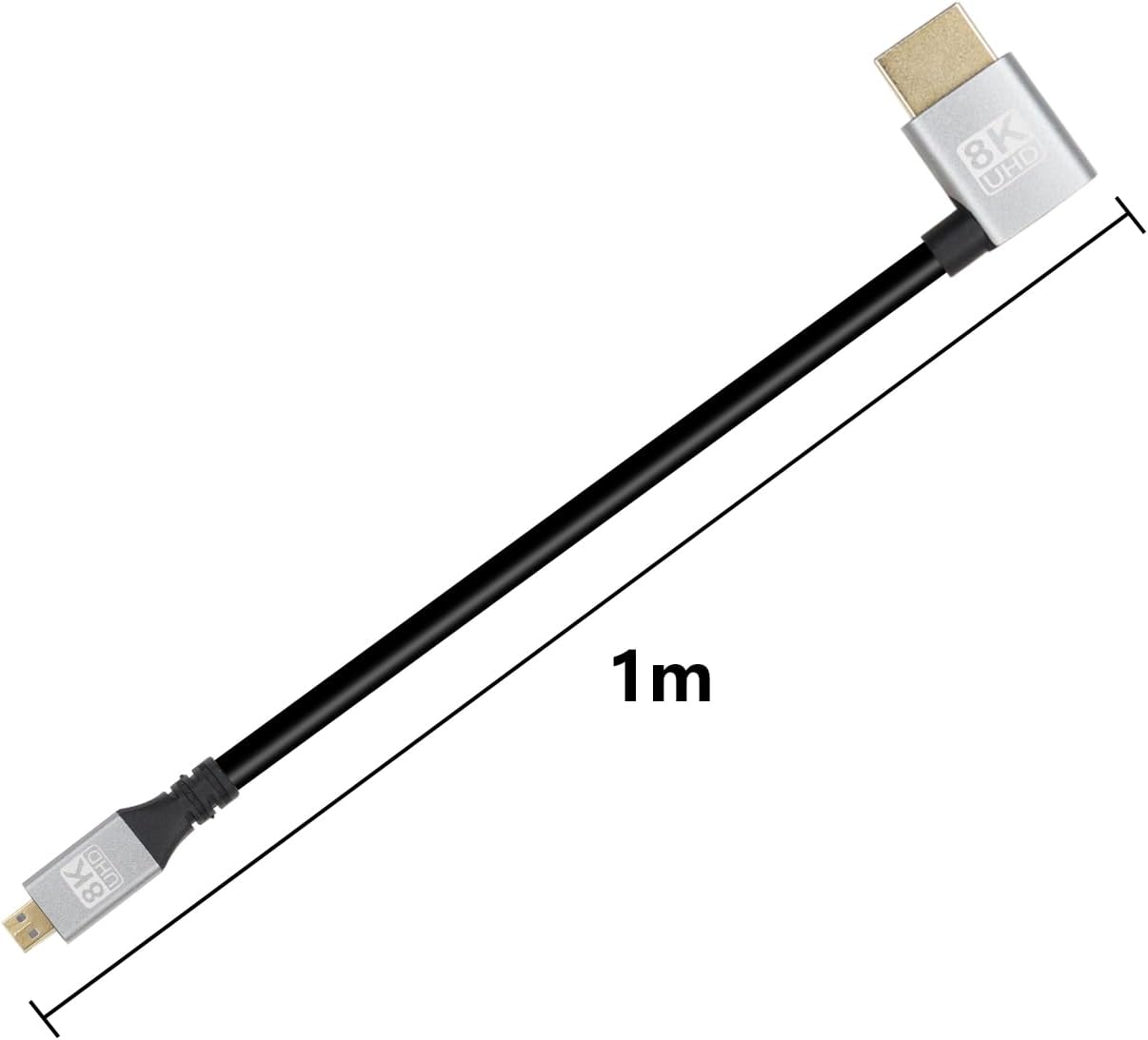 Riieyoca 8k Micro HDMI to HDMI cable with 90-degree angle, 1m length, gold-plated connector for laptops and projectors.