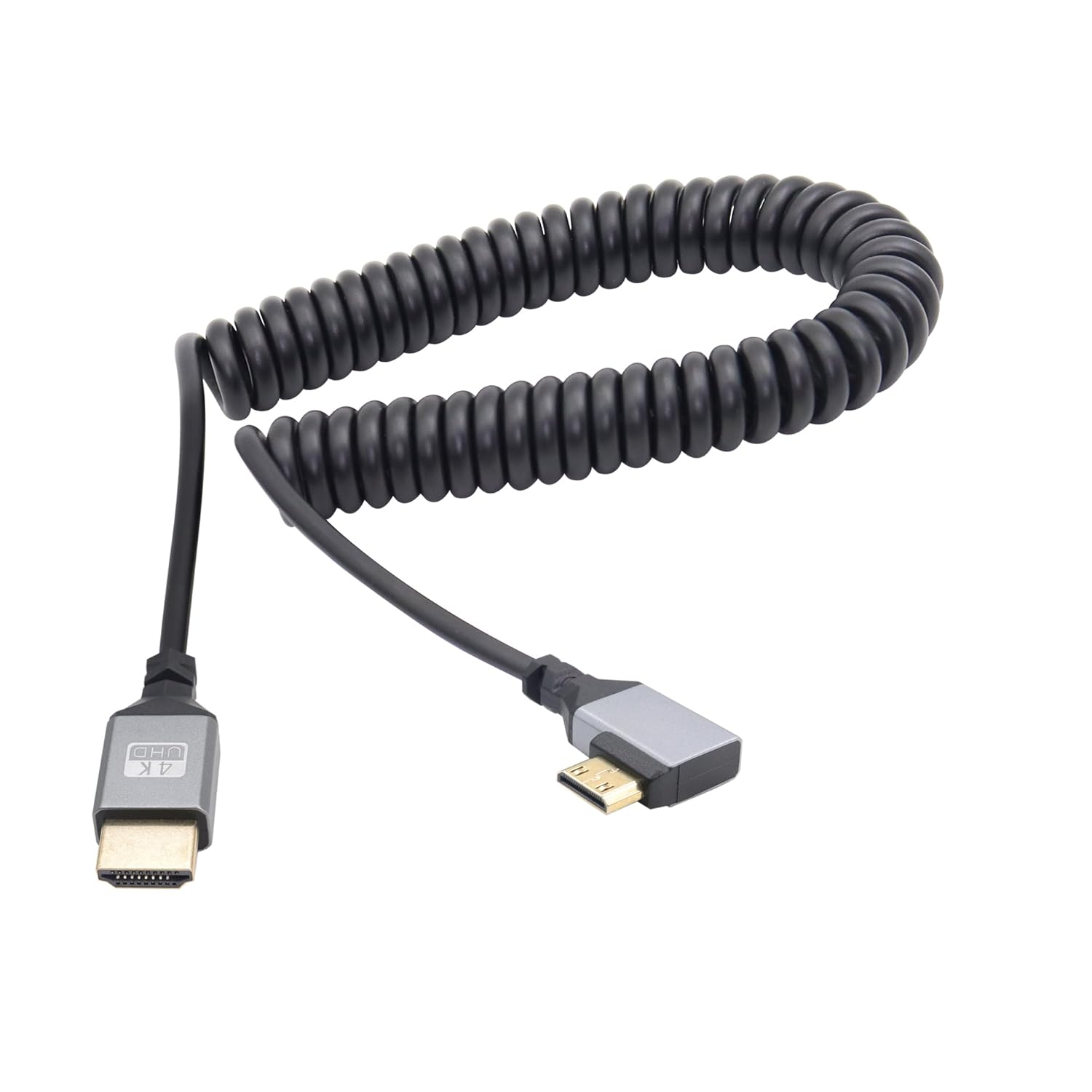 Riieyoca 90-degree left angle mini HDMI to HDMI coiled cable, 4K@60Hz HDR, stretchable up to 5ft, black, high-speed UHD extender.