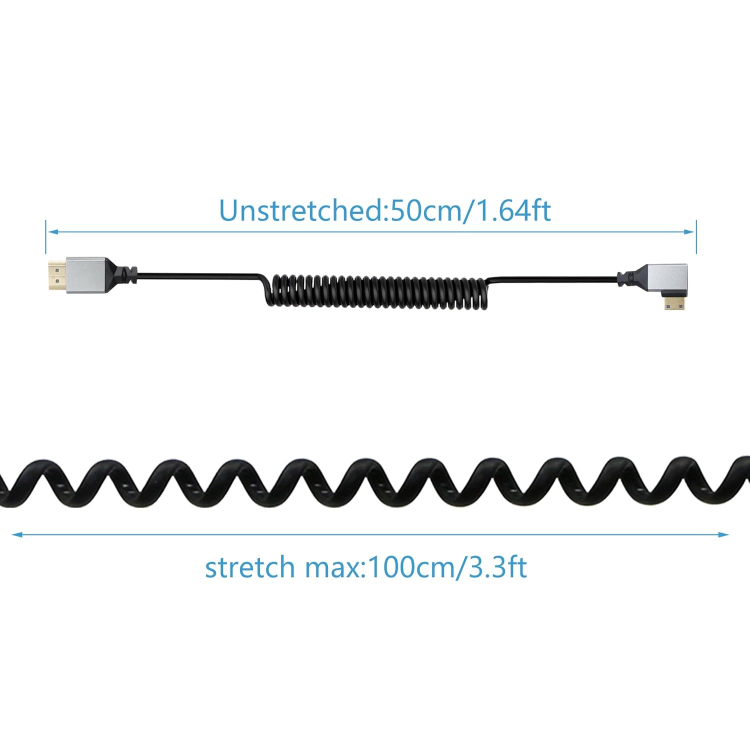 Riieyoca 90-degree HDMI coiled cable with right or left angle, 4K HDR, 60Hz, 18Gbps, stretchable up to 5ft, black for high-speed UHD.