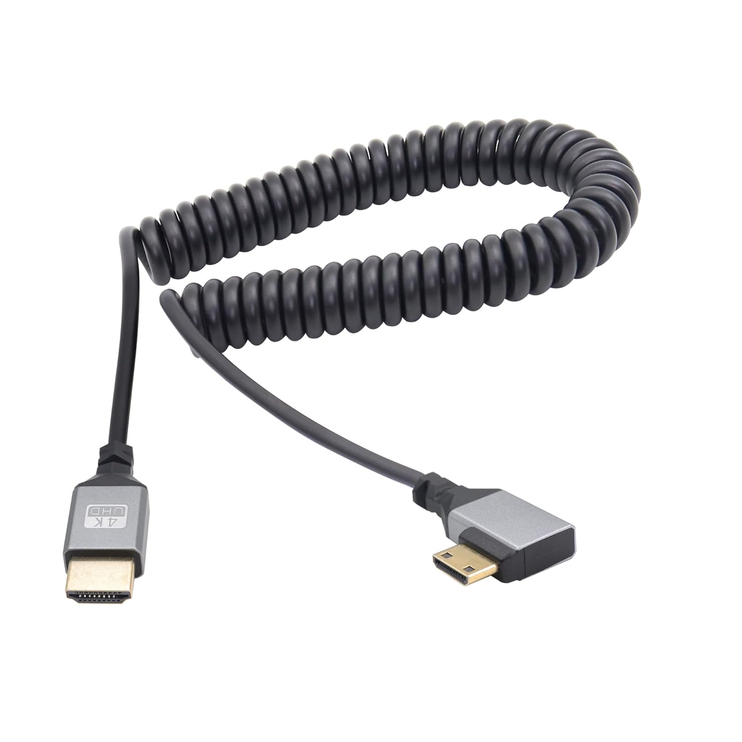 Riieyoca 90-degree right-angle mini HDMI to HDMI coiled cable in black, showing connectors for high-speed 4K UHD video transfer.