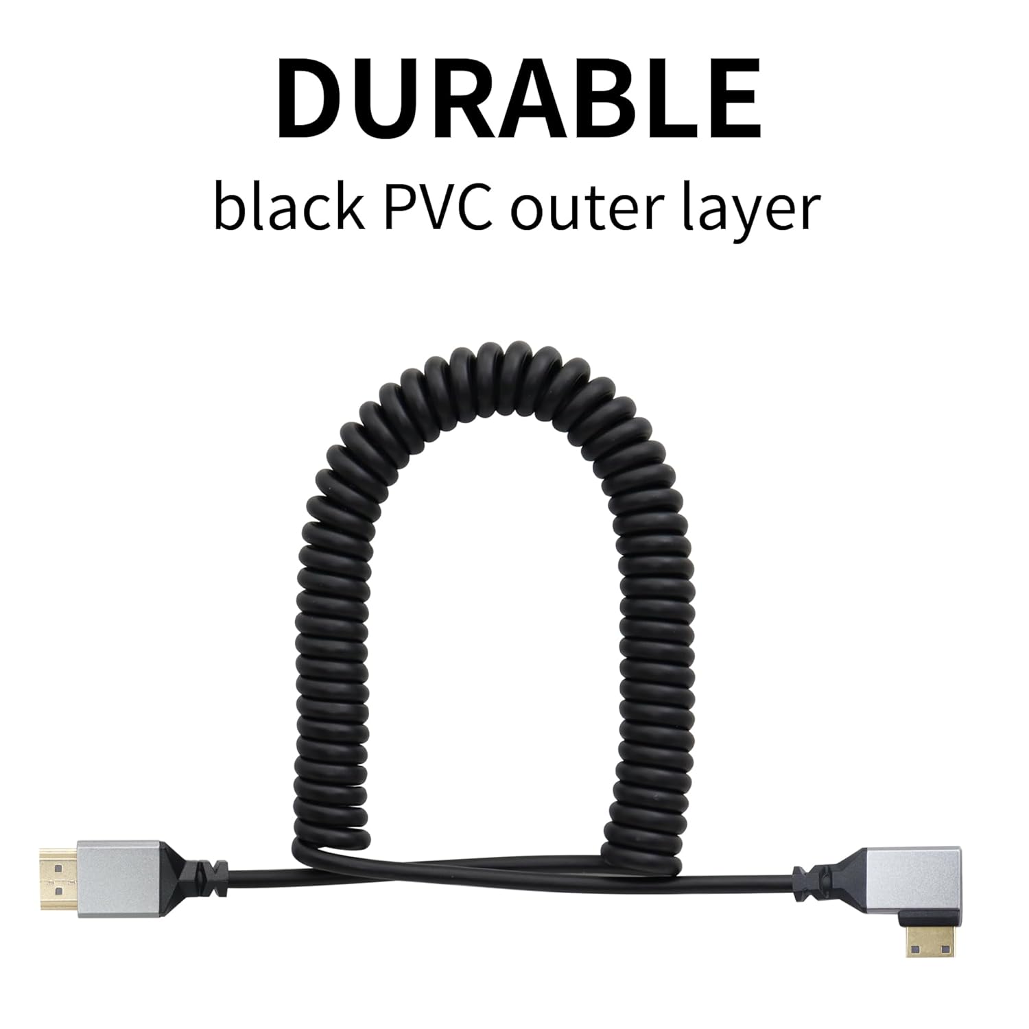 Riieyoca 90-degree HDMI coiled cable with right/left angle, 4K@60Hz HDR, stretchable to 5ft, high-speed UHD for cameras and gaming consoles.