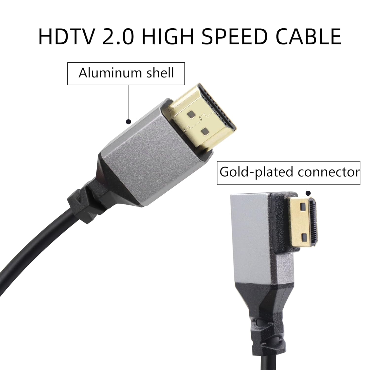 Riieyoca 90-degree mini HDMI to HDMI coiled cable in black, showing connectors for high-speed 4K HDR video and stretchable design.