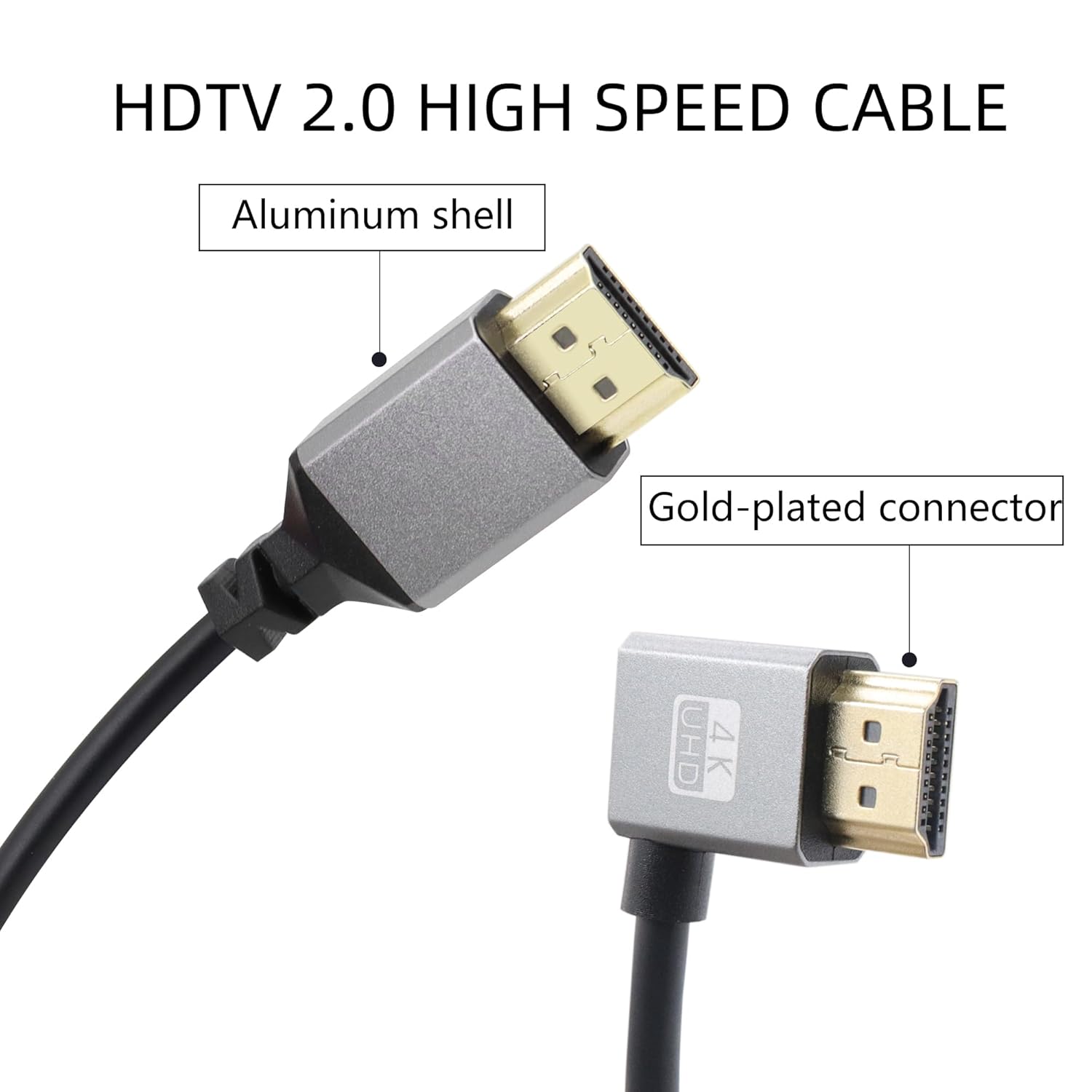 Riieyoca 90° right angle UHD 4K HDMI male to male coiled cable, gold-plated, supports 4K@60Hz, 18Gbps, stretchable up to 1.5m.