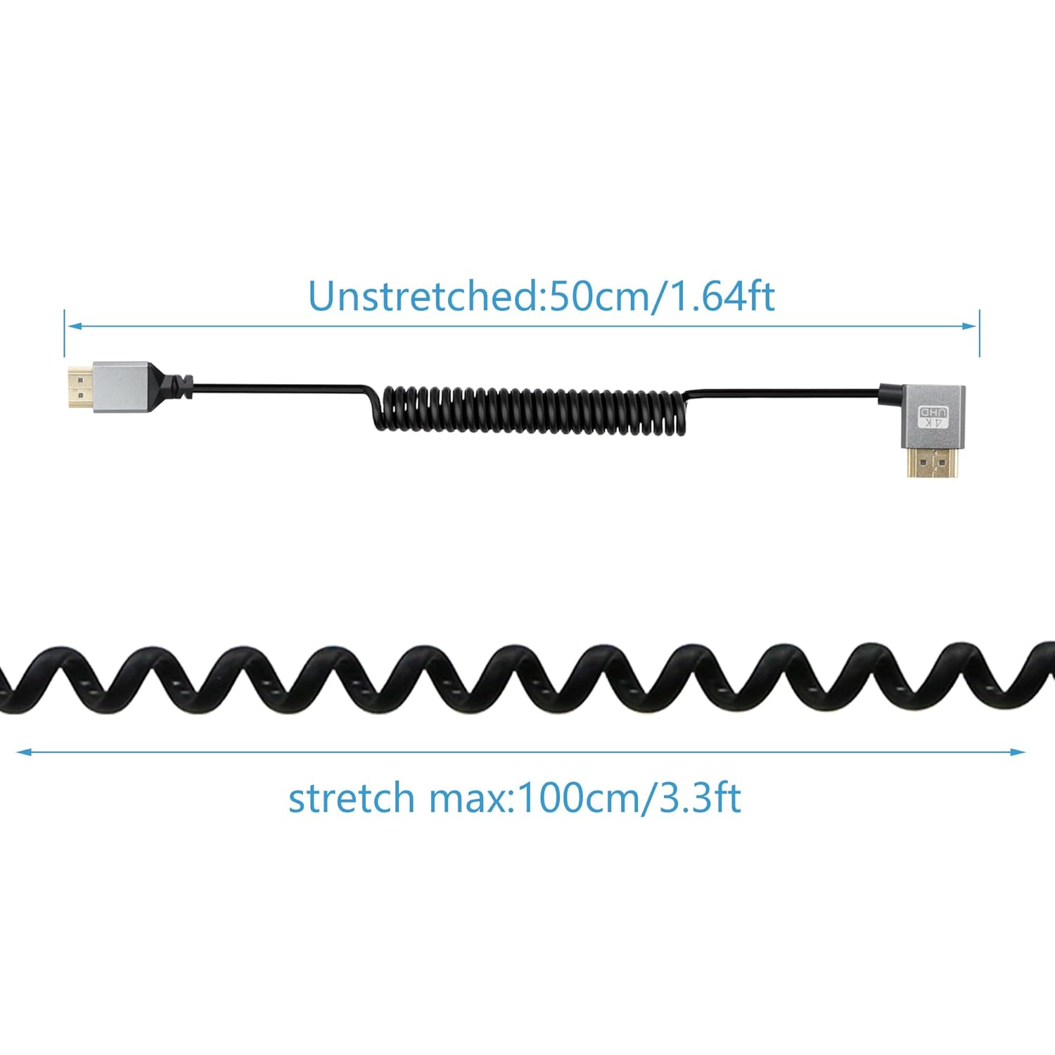 Riieyoca 90° right angle 4K HDMI male to male cable, gold-plated, stretchable to 1.5m, supports HDR, 3D, 60Hz, high-speed 18Gbps.