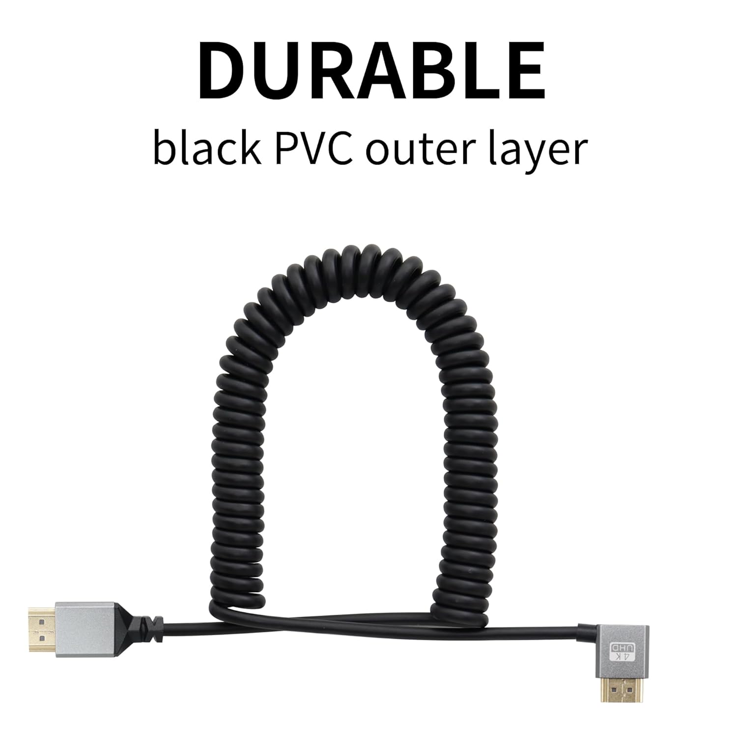Riieyoca 90° right angle UHD 4K HDMI male to male cable, gold-plated, stretchable up to 1.5m, supports 4K@60Hz and HDR.
