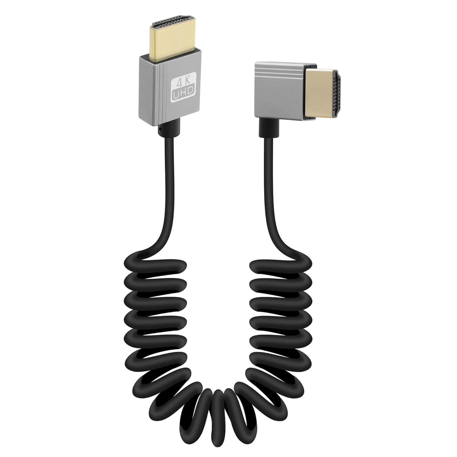 Riieyoca 90° right angle 4K HDMI male to male cable with gold-plated connectors, stretchable up to 1.5m, supports 4K@60Hz HDR 3D.