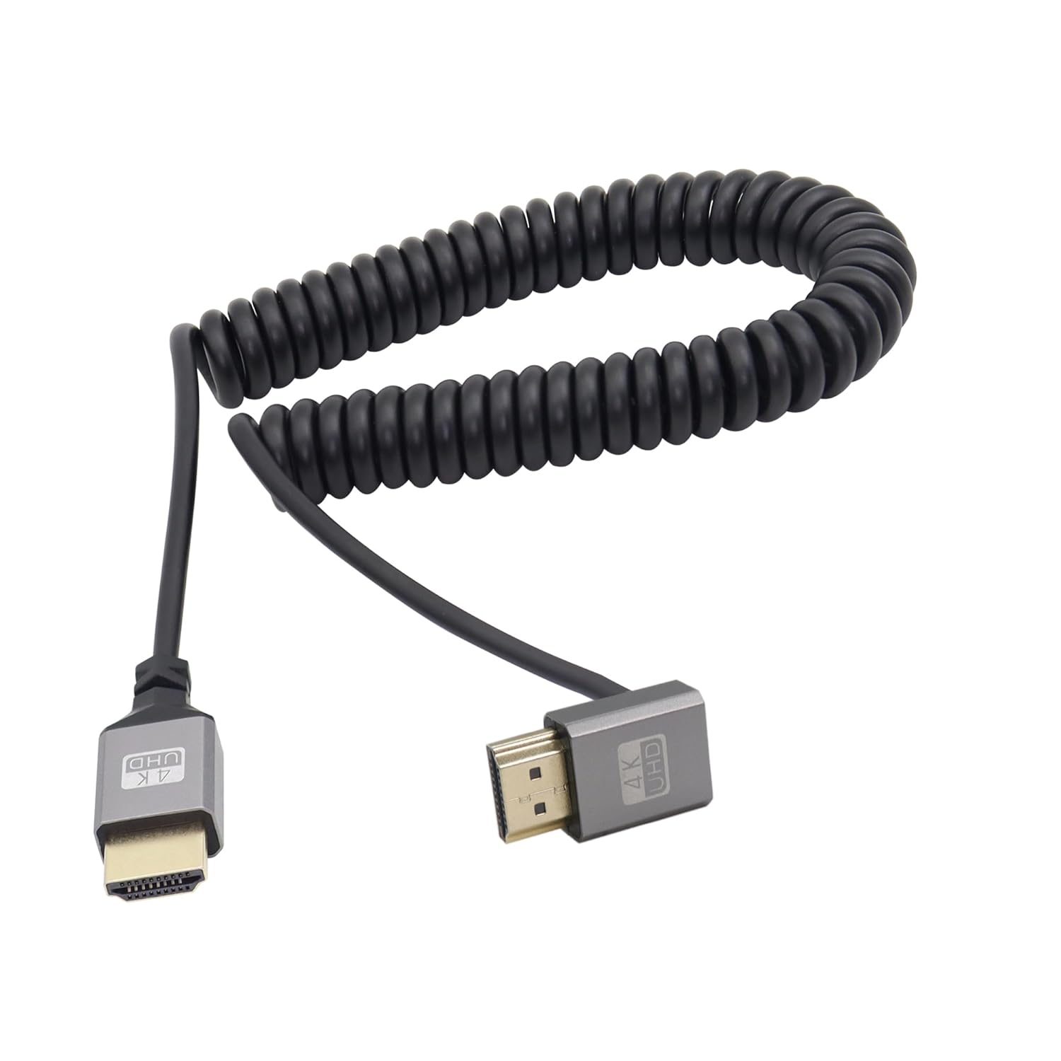 Riieyoca 90° Up Angle 4K HDMI cable with gold connectors, coiled design, suitable for TV, PC, Xbox, and projector setups.