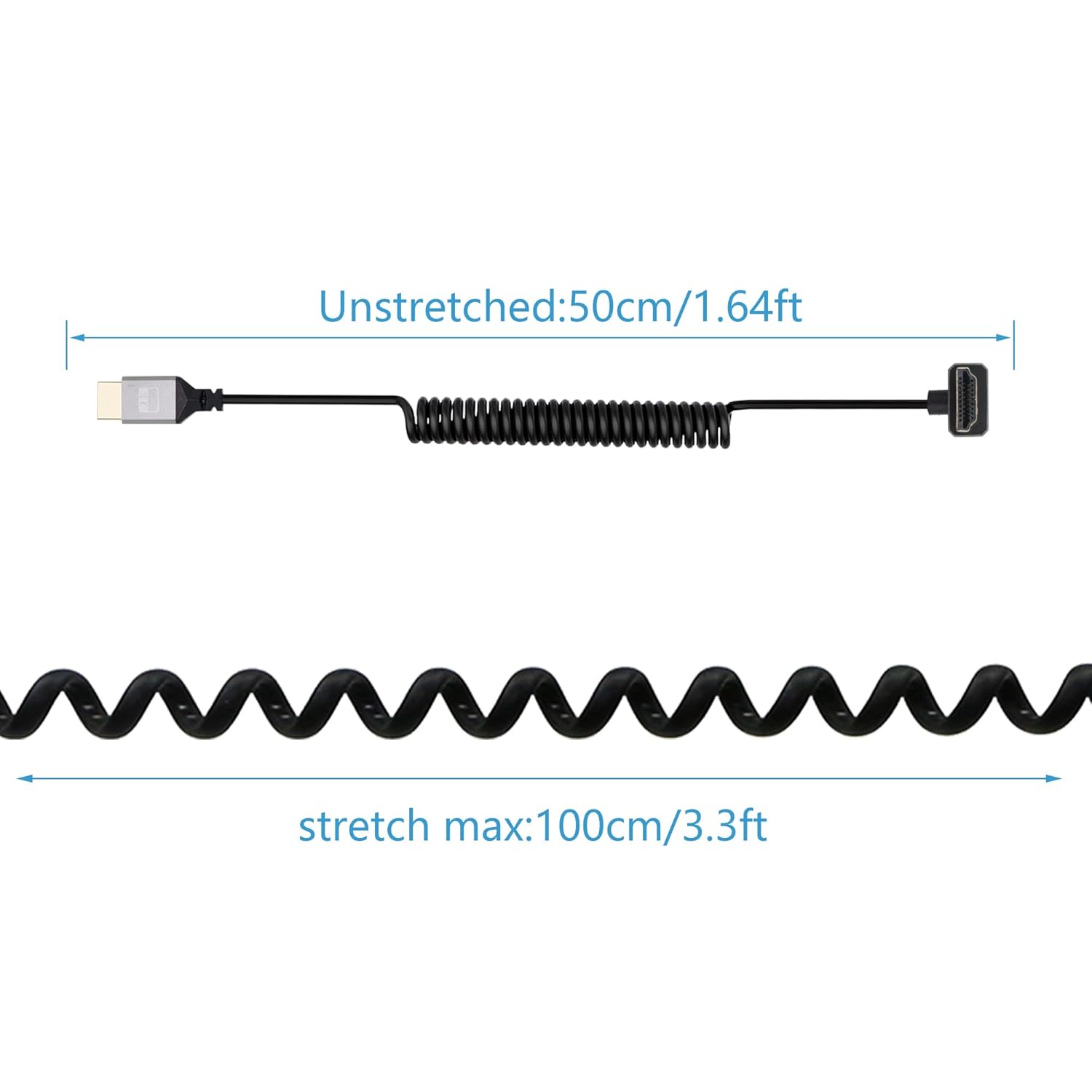 Riieyoca 90° Up Angle UHD 4K HDMI cable with gold-plated connectors, coiled design, suitable for TV, PC, Xbox, PS4, and projectors.