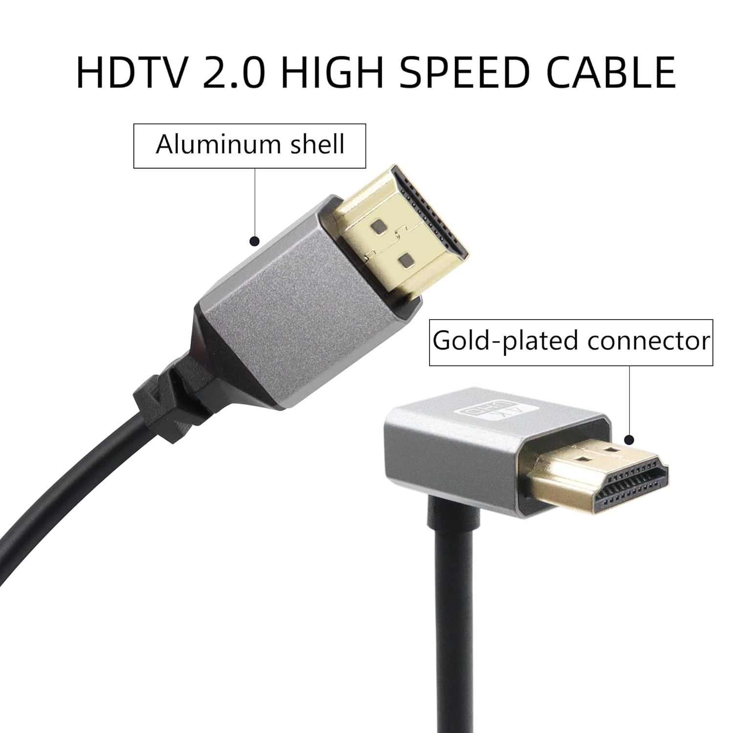 Riieyoca 90° Up Angle 4K HDMI cable with gold-plated connectors, coiled design, suitable for TV, PC, Xbox, PS4, and projectors.