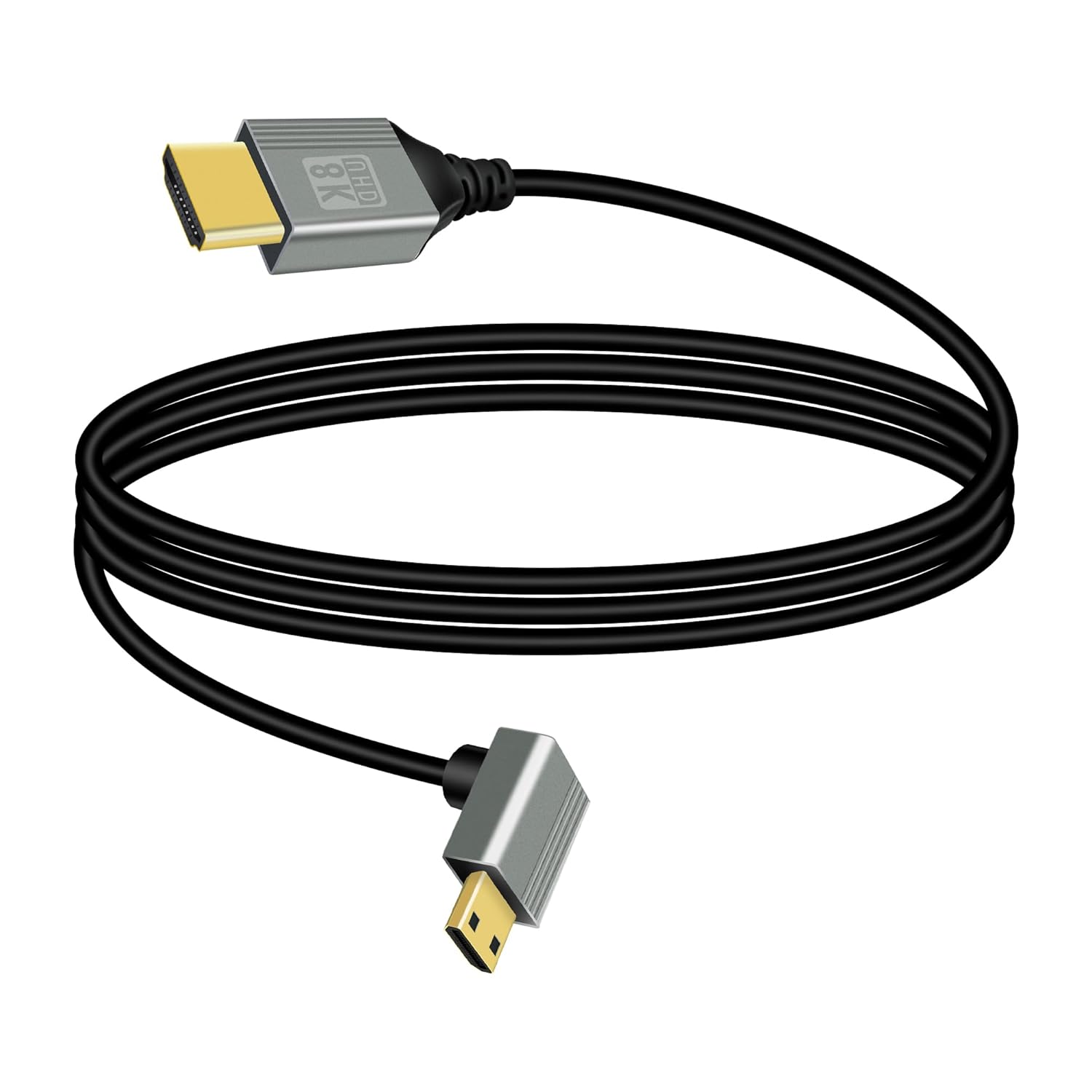 Riieyoca 8K Mini HDMI to HDMI adapter cable with 90° down angle, 48Gbps, HDR, 4K@120Hz for laptops and monitors.