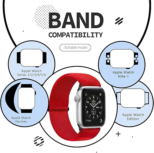 RockloookY 4-pack elastic stretch bands for Apple Watch, soft nylon replacement wrist straps in red for 38-45mm models.