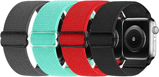 RockloookY 4-pack elastic nylon replacement wrist bands for Apple Watch, soft stretch bands in red for 38mm to 45mm models.