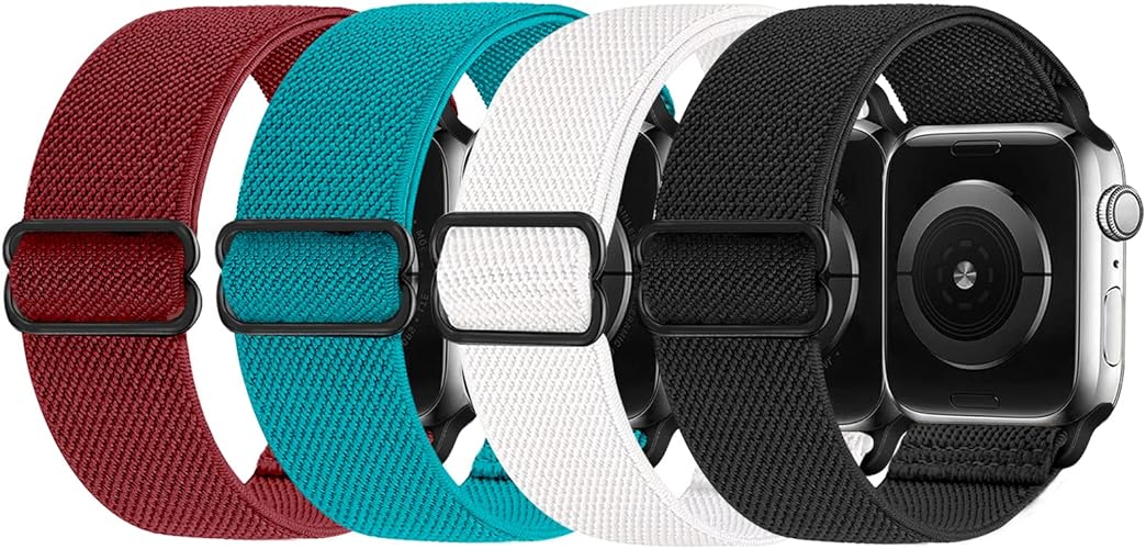 Set of four RockloookY elastic nylon replacement bands for Apple Watch in white, compatible with 38mm to 45mm models.