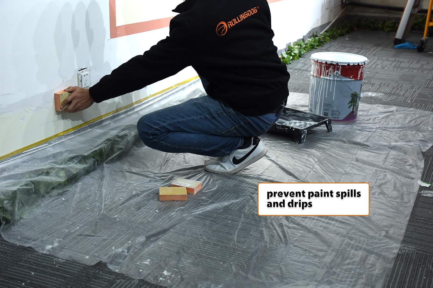 Rollingdog Washi Pre-taped Masking Film With Tape 1.5m X 30m - 15 Day Clean Removal Painter's Plastic Drop Film