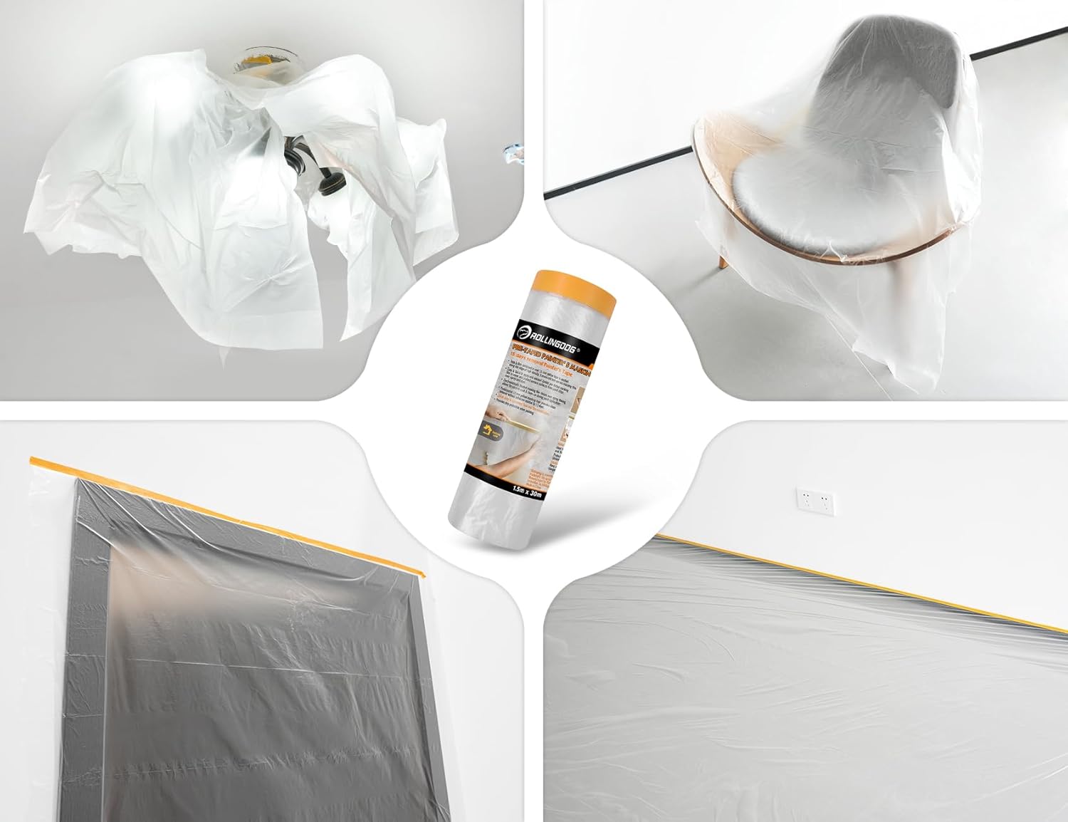 Rollingdog Washi Pre-taped Masking Film With Tape 1.5m X 30m - 15 Day Clean Removal Painter's Plastic Drop Film