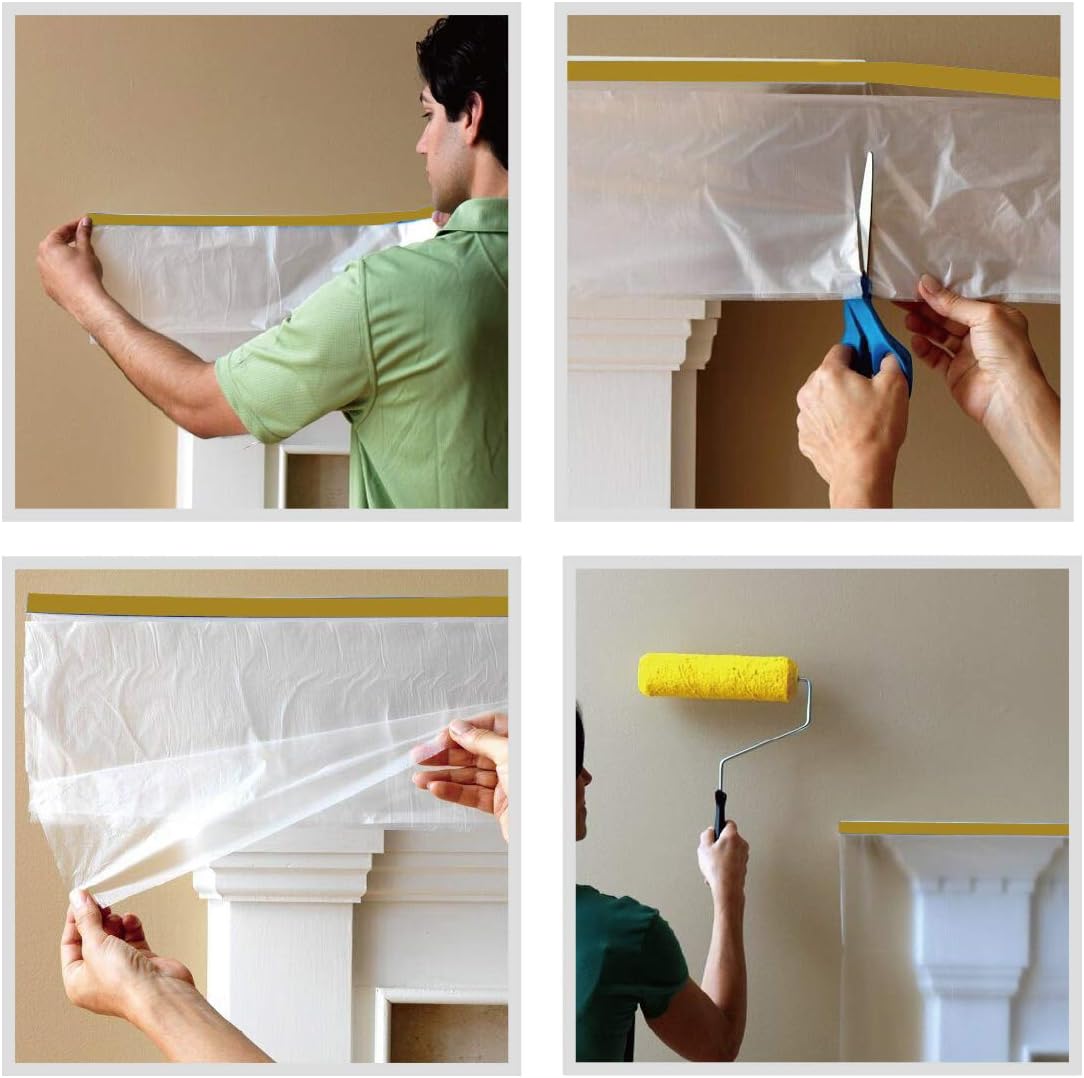 Rollingdog Washi Pre-taped Masking Film With Tape 1.5m X 30m - 15 Day Clean Removal Painter's Plastic Drop Film