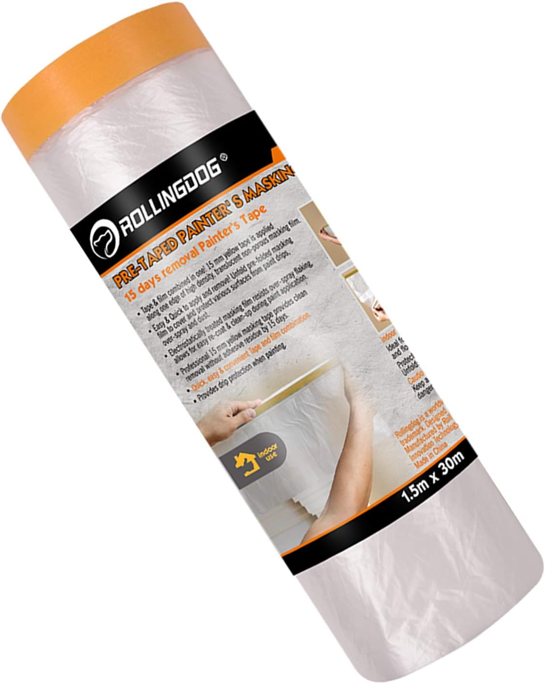 Rollingdog Washi Pre-taped Masking Film With Tape 1.5m X 30m - 15 Day Clean Removal Painter's Plastic Drop Film