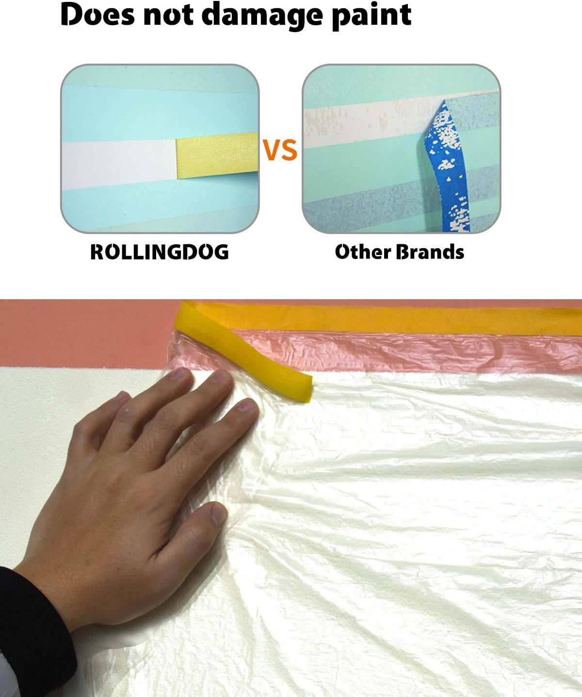 Rollingdog Washi Pre-taped Masking Film With Tape 1.5m X 30m - 15 Day Clean Removal Painter's Plastic Drop Film