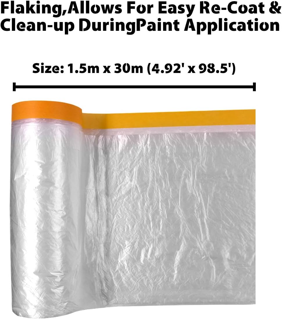 Rollingdog Washi Pre-taped Masking Film With Tape 1.5m X 30m - 15 Day Clean Removal Painter's Plastic Drop Film