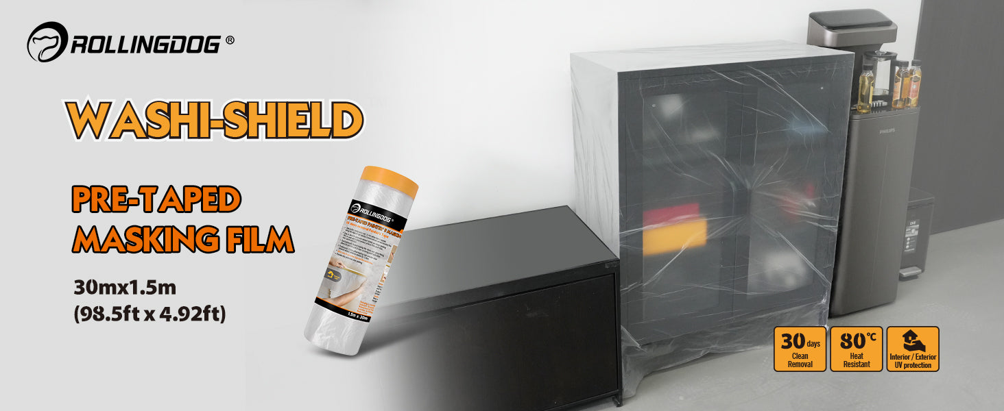 Rollingdog Washi Pre-taped Masking Film With Tape 1.5m X 30m - 15 Day Clean Removal Painter's Plastic Drop Film