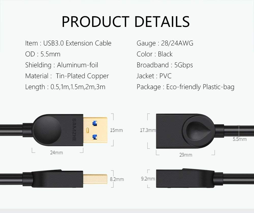 SAMZHE USB 3.0 Extension Cable - 5Gbps High Speed Data Sync &amp; Charging Cable, Male to Female with Gold-Plated Connectors, 3-Layer Shielding