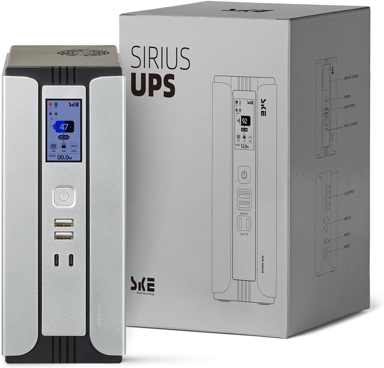 SKE Mini UPS 30000mAh WiFi router battery backup and surge protector with Type-C PD and DC output for modem and smart home devices
