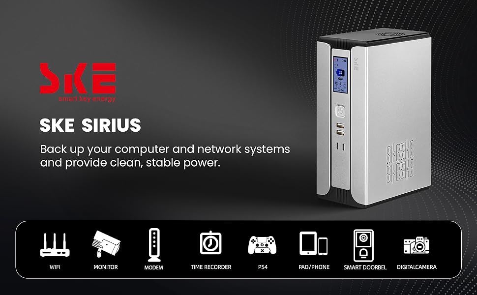 SKE Mini UPS 30000mAh WiFi router battery backup and surge protector with Type-C PD and DC output for modem, CCTV, smart home.