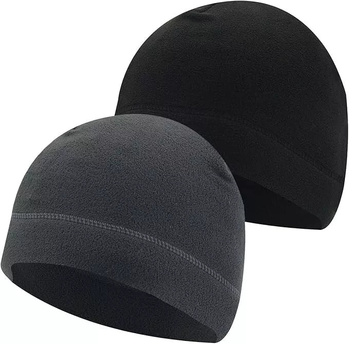 SKHAOVS Unisex 2-Pack Winter Thermal Beanies | Polar Fleece Windproof Running Hats for Men & Women. Black/Grey