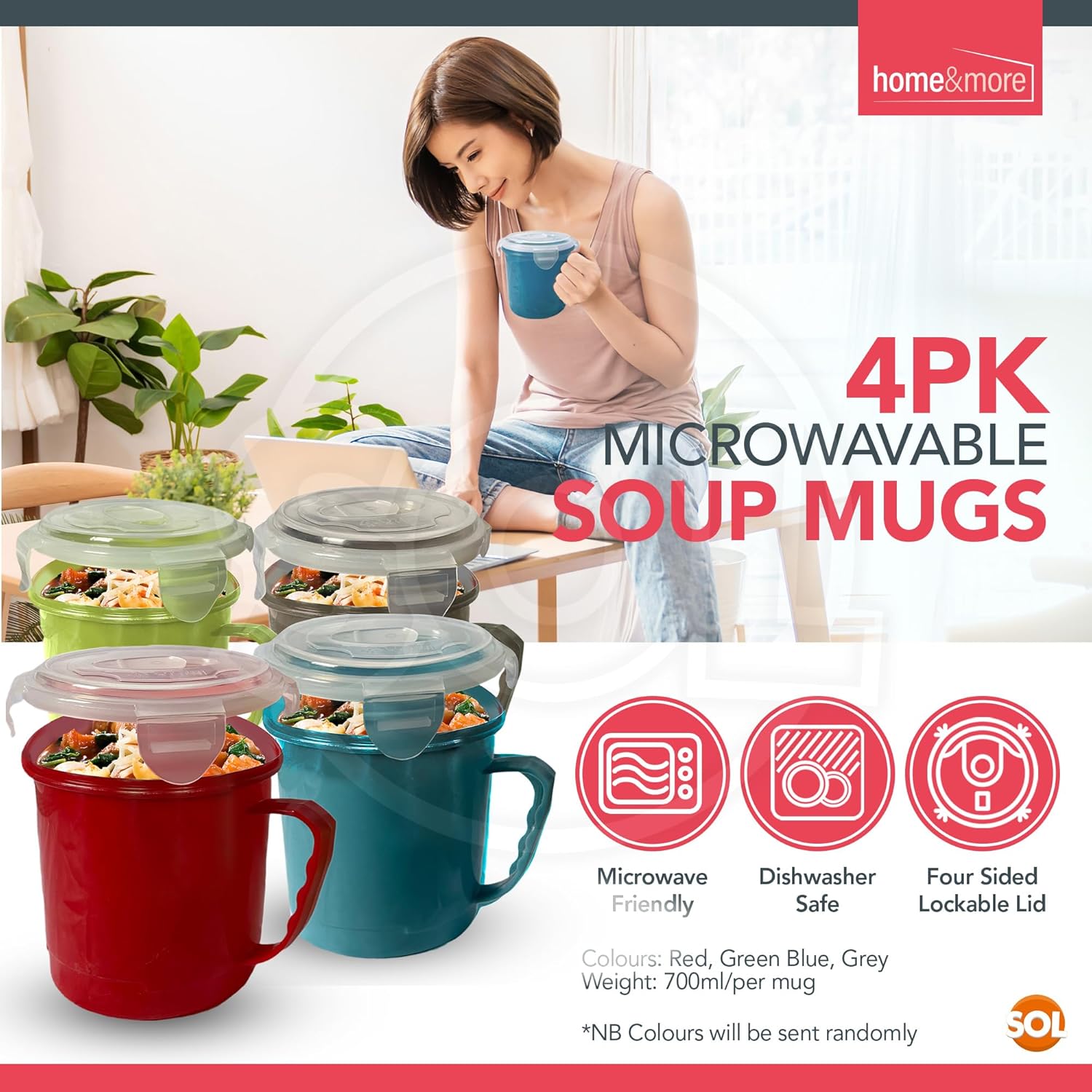 Set of four Sol microwave soup mugs with handles and lids, 700ml, stackable plastic bowls for reheating and serving at home or office.