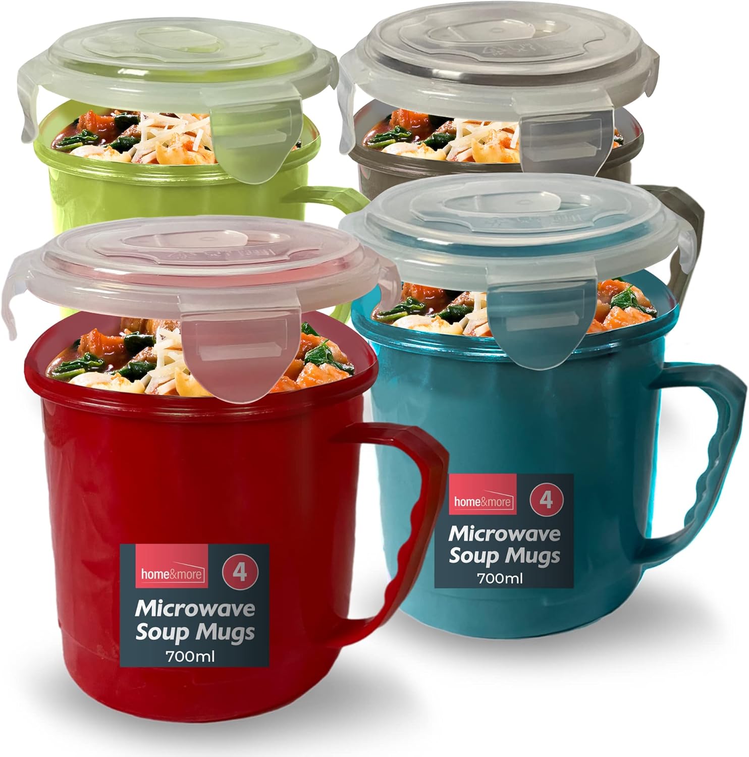 Sol 4-pack microwave soup mugs with handles and lids, 700ml stackable plastic bowls for reheating and serving at home, office, or school.