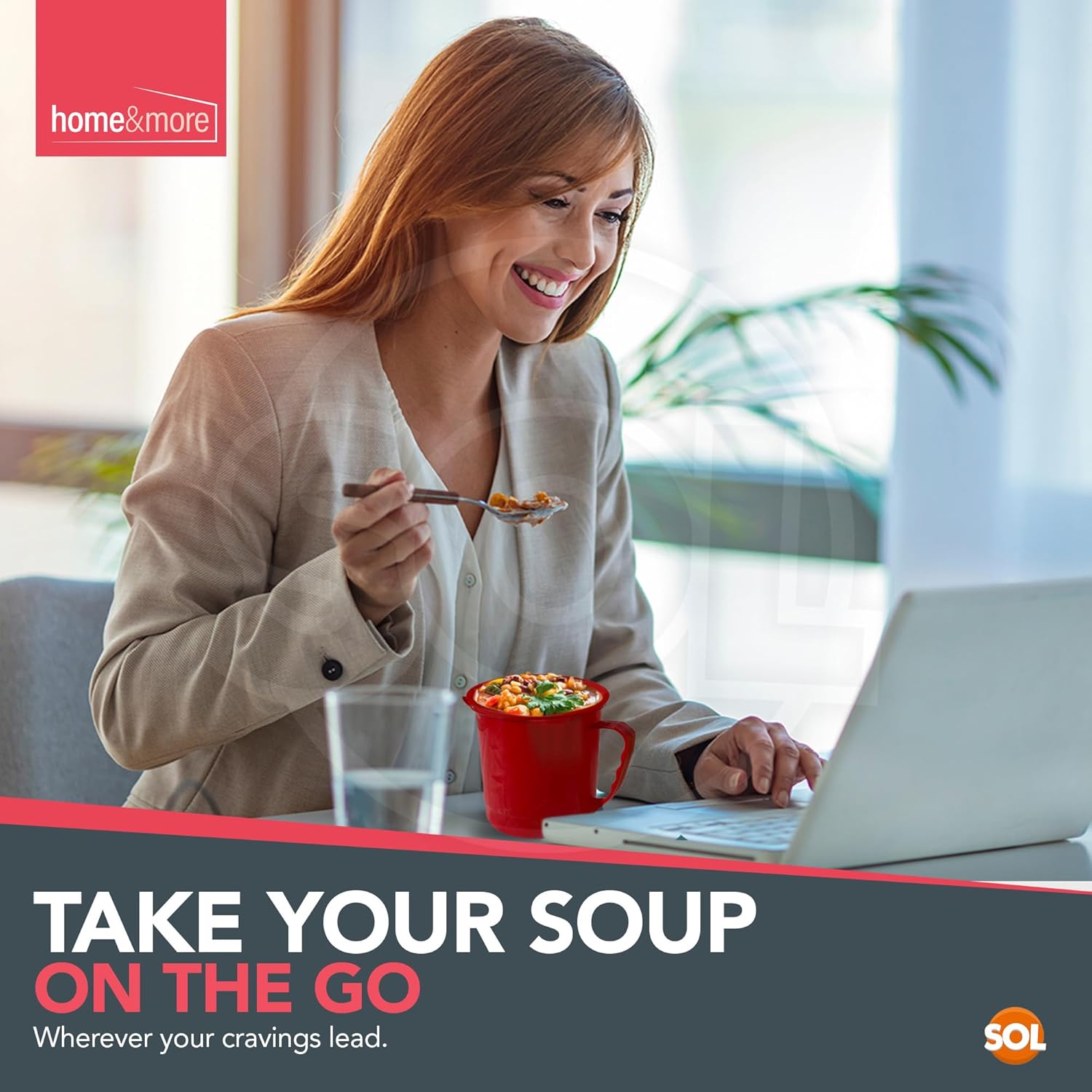 Set of four Sol microwave soup mugs with lids and handles, 700ml, stackable, ideal for reheating and serving at home or office.