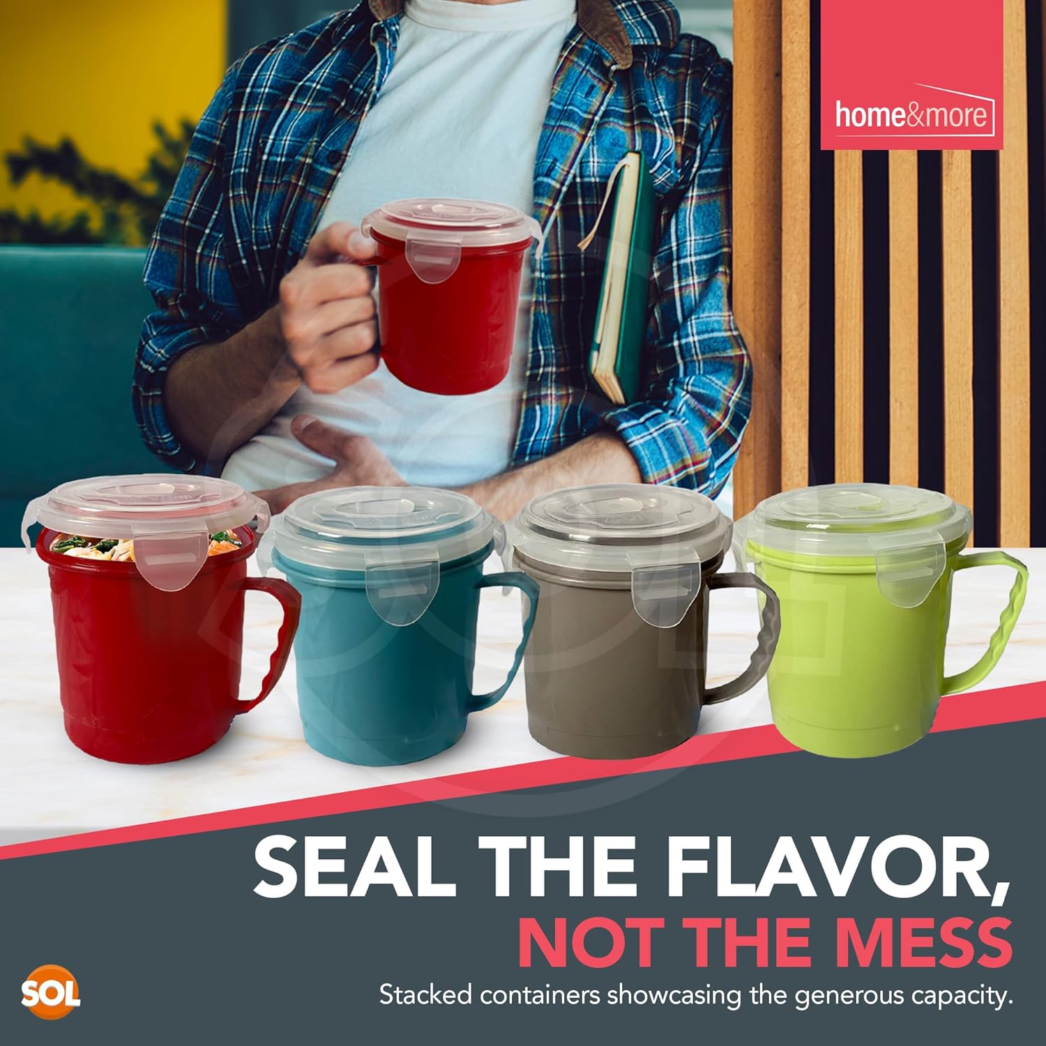 Set of four Sol microwave soup mugs with handles and lids, 700ml, stackable, perfect for reheating and serving at home, office, or school.