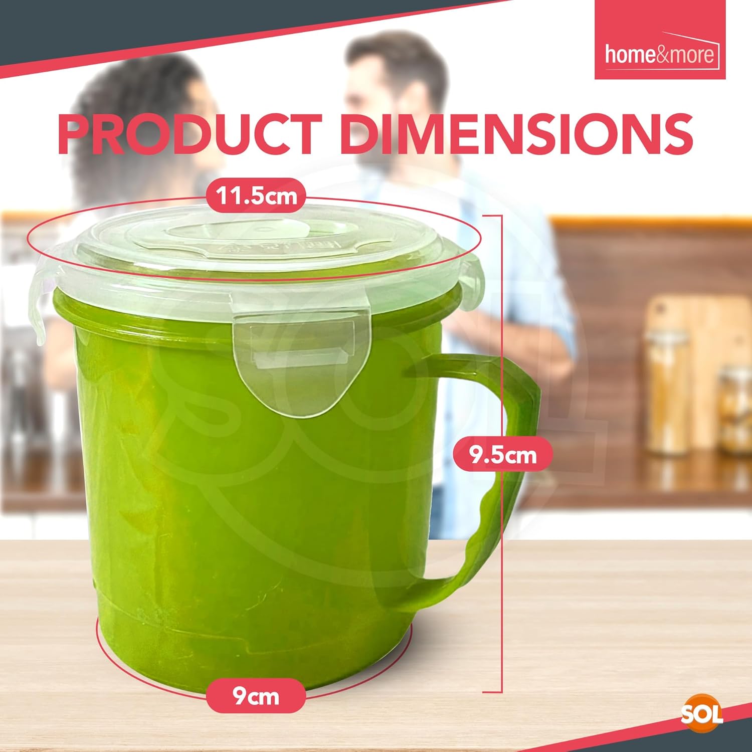 Set of four Sol microwave soup mugs with handles, lids, and stackable design, ideal for reheating and serving in home, office, or school.