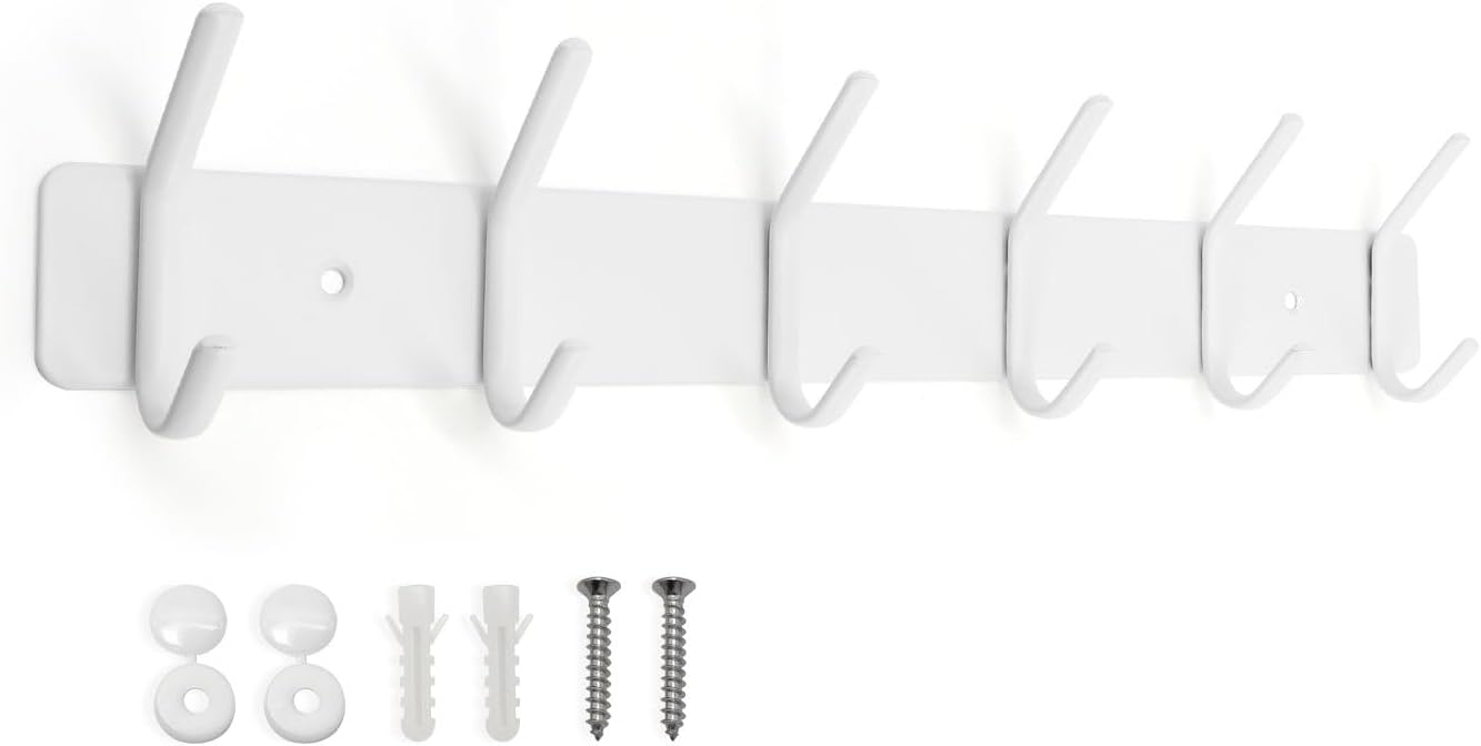 Stylish White Metal Coat Rack (6 Hooks) - Double Hook Design, Easy Wall Mount for Bathroom, Bedroom & Hallway - Zeta Store