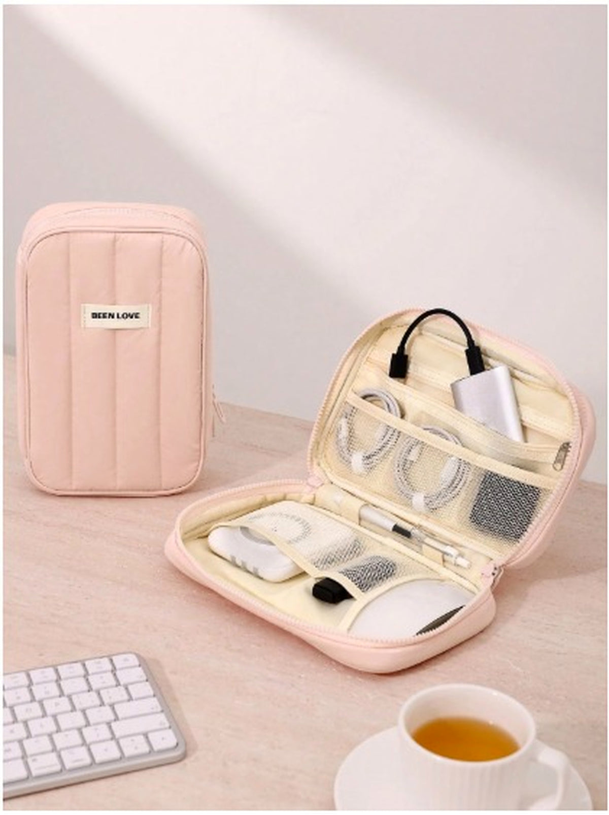 Sahunfri Waterproof Travel Cable Organizer Bag - Pink Padded Electronic Accessories Bag for Charger, Power Bank, Cables & Phone