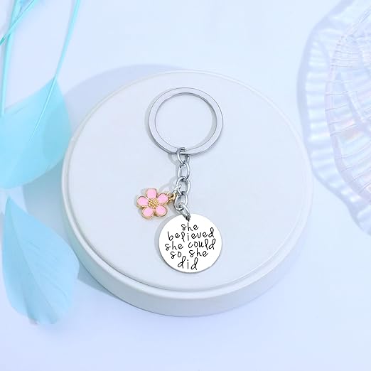 Samorion inspirational key ring with pink flower pendant, motivational quote for women, perfect gift for her.
