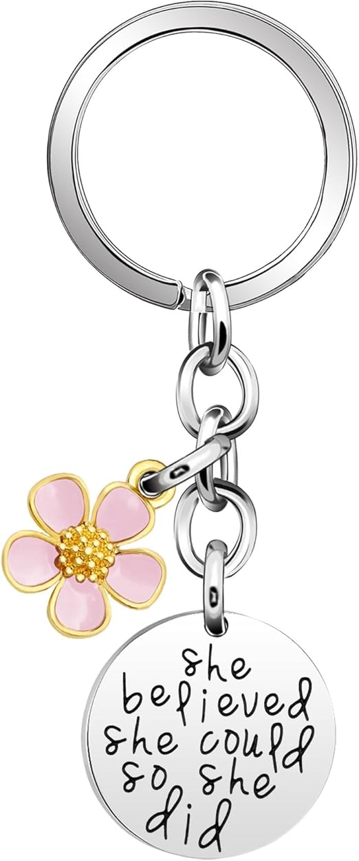 Samorion inspirational key ring with pink flower pendant for women, featuring "She Believed She Could" motivational quote.