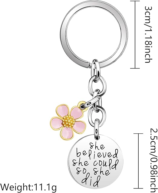 Samorion inspirational key ring with pink flower pendant, motivational quote "She Believed She Could" for women.