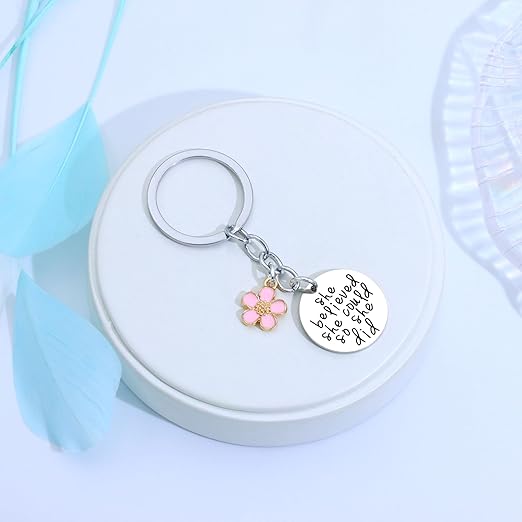 Samorion inspirational pink flower pendant key ring for women with motivational quote, perfect gift for her.