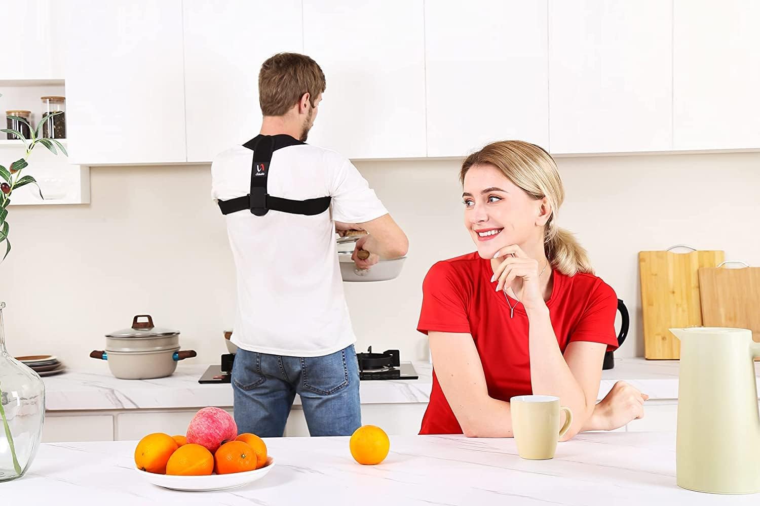 Schiara Posture Corrector being worn under clothing, adjustable design for men and women to improve posture discreetly.