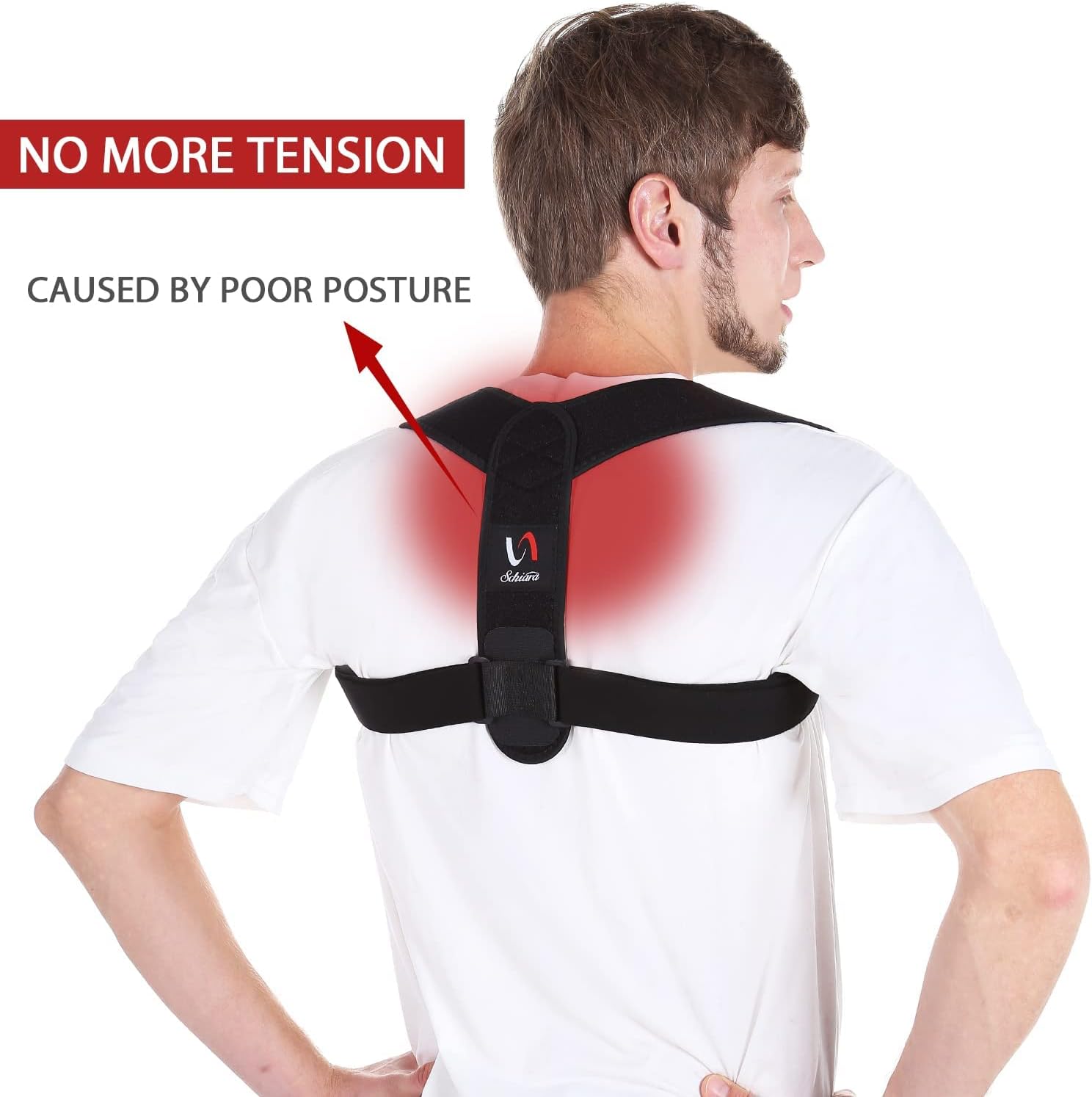 Schiara Posture Corrector worn under clothes, adjustable for men and women, designed to improve posture discreetly.