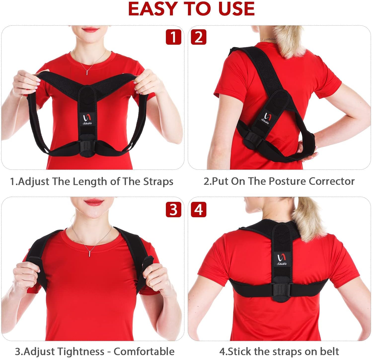 Schiara posture corrector for men and women, adjustable, discreet under clothing, designed to improve posture over 14 days.