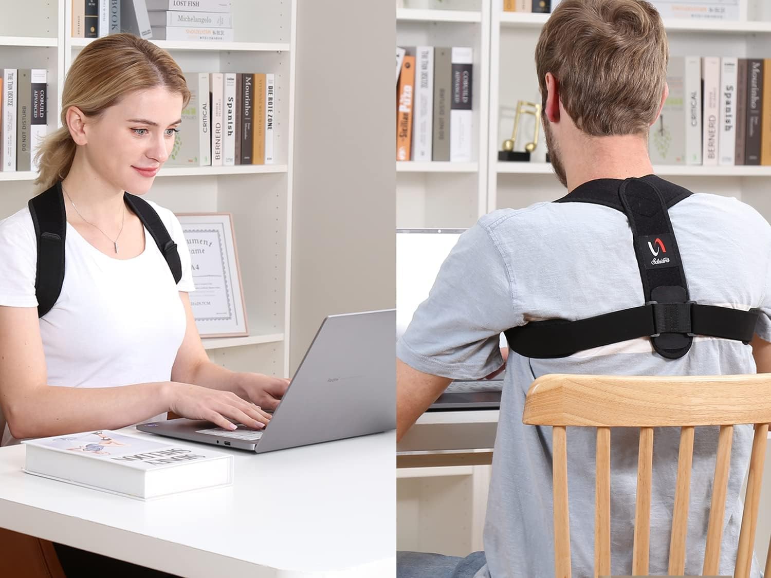 Schiara Posture Corrector for men and women, adjustable and invisible under clothes, promoting improved posture in a sleek design.
