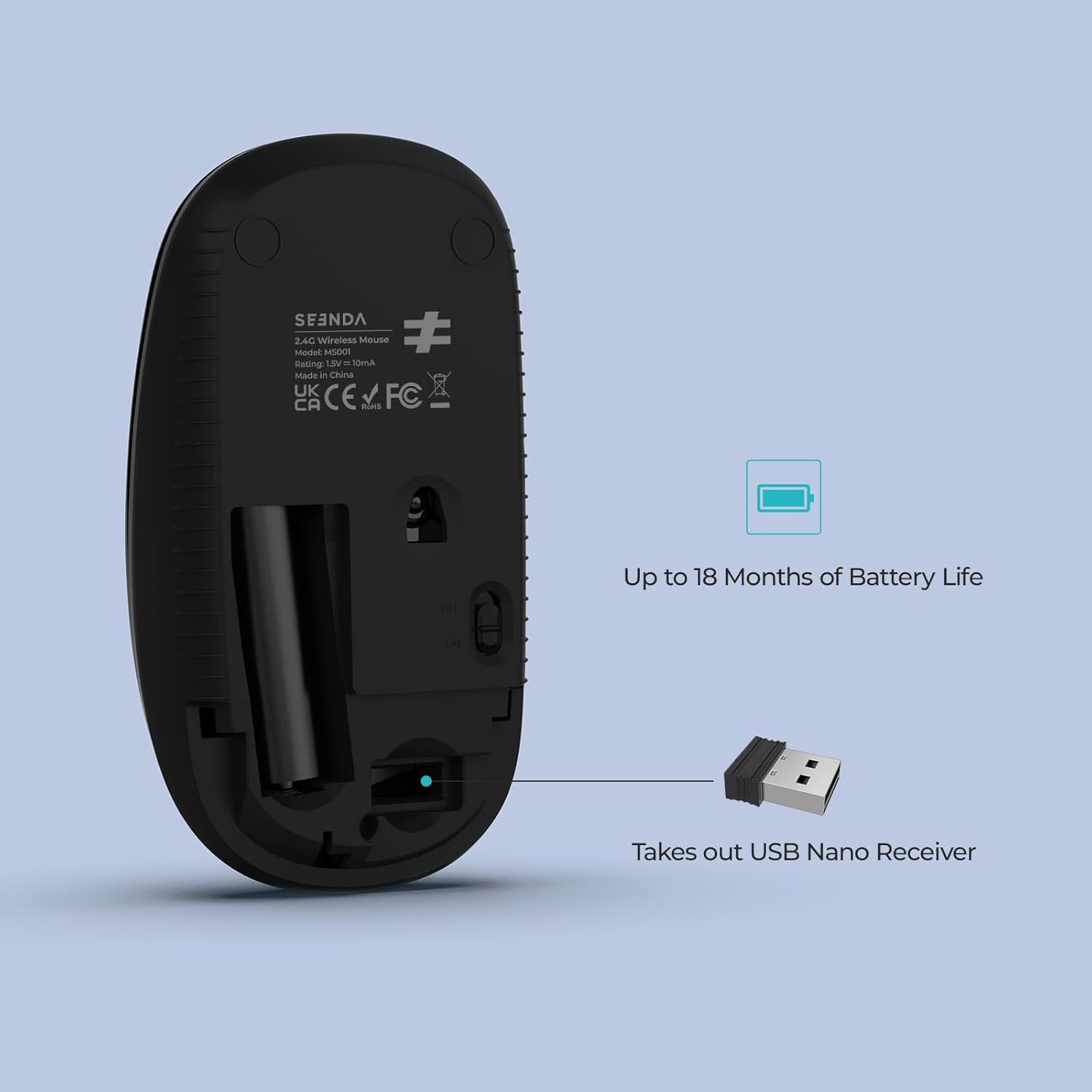 Seenda Wireless Mouse, 2.4GHz Silent Mouse with USB Receiver, 18 month battery life, 1600 DPI Optical Tracking, Portable Computer Mice for Laptop PC Notebook - Zeta Store
